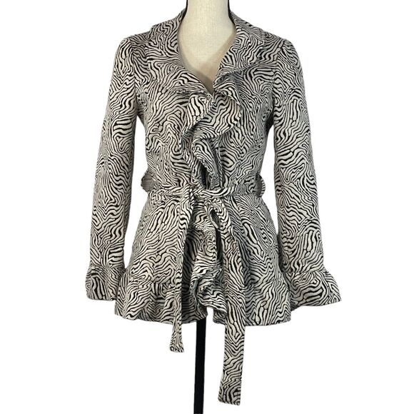 Sandro Studio Small Jacket Snaps Abstract Belted Long Sleeve Lined Ruffled - Picture 1 of 7